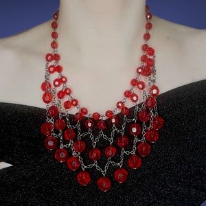 4 Tier Silver Chain Link Bib Transparent Red Faceted Beaded Necklace